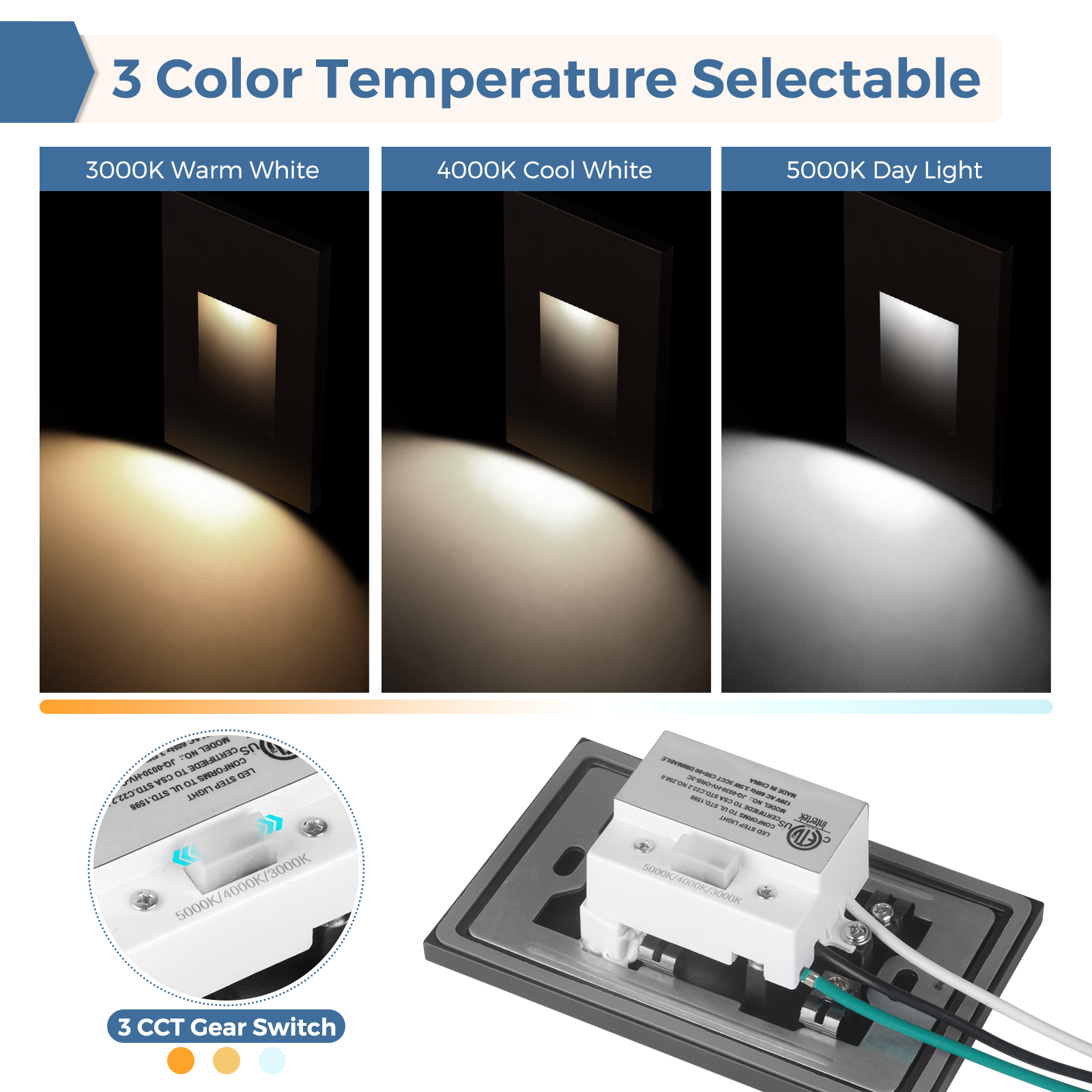 3CCT LED Step Light, Indoor & Outdoor, IP65, ETL-Listed - 120V