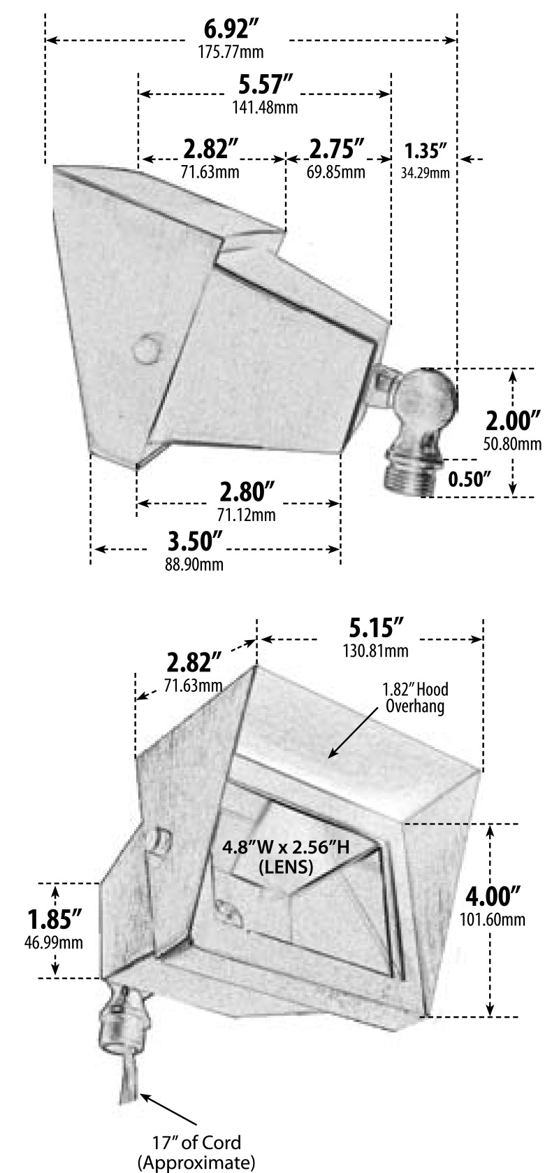 LV117 Solid Brass Rectangular Flood Light w/ Angle Hood Dimensions Diagram