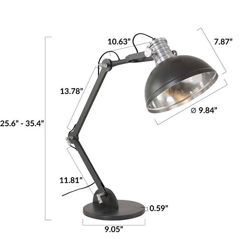 TM-7715 Single Head Adjustable Industrial Table Lamp Dimensions Diagram