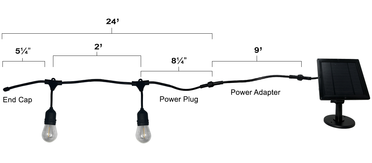 Dimensions for Solar String Light with 12 LED Edison Bulbs